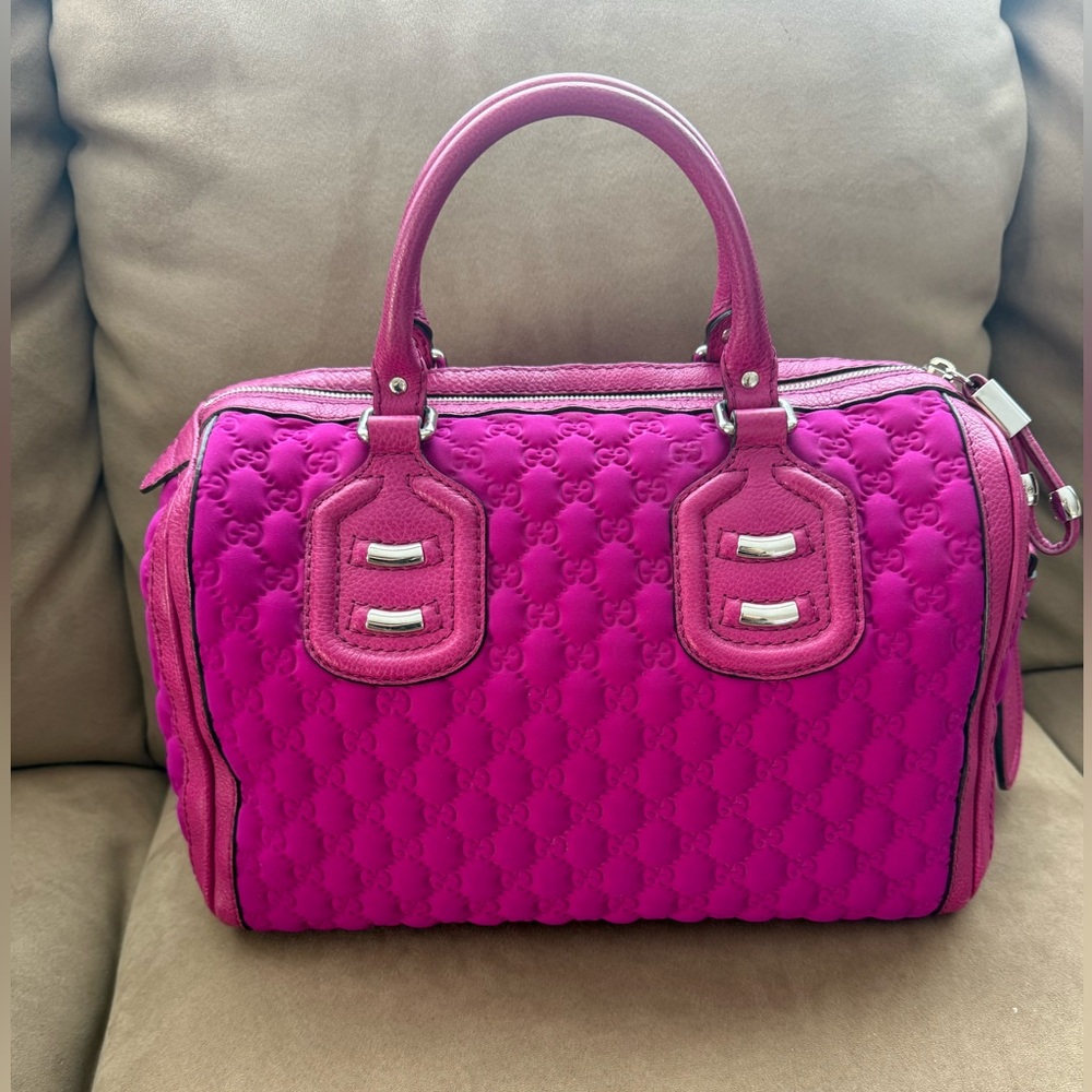 Gucci Fuchsia GG Embossed Neoprene Techno Tag Medium Boston Bag